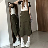 Vevesc Y2K Drawstring Parachute Skirts Women High Street Side Split Cargo Long  Female Casual Multiple Pockets Maxi