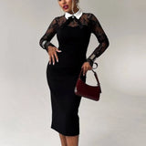 Vevesc  Black Bow Long Dress Women Elegant Lace Patch Lapel Sexy Print Dress Luxury High Waist Retro Party Evening Dress Female