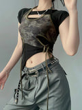 Vevesc Vintage Camouflage Printed Mesh Halter Camisole Women+ Summer New Slim Fit Irregular Black T-shirts Y2k Grunge Two Piece Sets