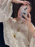 Vevesc  Sequins Hollow Out Pullovers Women Casual Loose Round Neck Full Sleeve Female Crop Tops Spring Summer See Through Lady Outerwear
