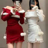 Vevesc 2024 Winter Christmas Bodycon Knitted Mini Dress Women Casual Long Sleeve Sweet Elegant Even Party One Piece Dresses Korean Fur