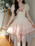 Vevesc Bubble Sleeve Kawaii Lolita Mini Dress Women Pink Bow Princess Sweet Party Cute Dress A-Line Elegant Fairy Dress 2024 Spring New