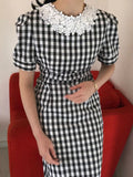 Vevesc  Korean Chic Dress O Neck Puff Sleeve Plaid Lace Hook Flower Ruffles Patchwork Long Dresses Summer Female Slim Women's Clothing