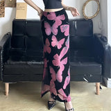 Vevesc American Retro Butterfly Print Skirts Y2k See Through Mesh Skirt For Women 2024 Summer New Slim Fit Bodycon Faldas Mujer