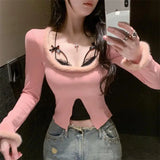 Vevesc Sexy Patchwork Lace Halter Fake Two Piece Korean Moda Popular Spliced Warm O Neck Long Streetwear Tops Punk Korean Girl Clothes