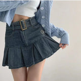 Vevesc  Denim Pleated Mini Skirt Vintage Sexy High Waist A-line Belt Women Embroidery Jean Short Skirt Summer Japanese Y2k