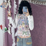 Vevesc Spice Hottie Round Neck Long Sleeve See Through T Shirt Y2K Bow Graffiti Print Slim Fit Long Sleeve T-Shirt For Women