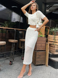 Vevesc Knitted White Short Sleeve T-shirt Skirt Set Hollow See Through High Waisted Sexy Slim Fit Hip Wrap Two Piece Sets Women