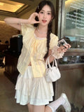 Vevesc  Fashion Sweet Matching Sets Puff Sleeve Folds Shirts Floral Ruffles High Waist Mini Skirts Summer Y2k Female Slim Women Clothing