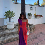 Vevesc  Fashion Patchwork Color Collision Dresses Chic Off Shoulder Sleeveless Pleated Robes New Female Summer Vacation Beach Vestidos