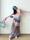 Vevesc Ethnic Style Plaid Pattern Patchwork Half Length Skirt Women Summer Vintage Contrasting Colors Loose Office Lady All-match Skirt