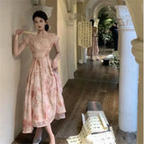 Vevesc  Chinese Style Light Pink Cheongsam Dress Women Elegant Floral Print Party Dress Summer Short Sleeve Stand Collar A Line Chipao