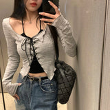 Vevesc Korean Bandage Two-piece Cardigan Camis Set Women High Street Long Sleeve Gray V-neck Slim Thin Shirts Fashion Harajuku Y2K Tops