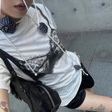Vevesc Black Lace Bra Print White Graphic T-Shirt Fashion Woman Blouse Tees O Neck Short Sleeve Casual Street Sweats Tops