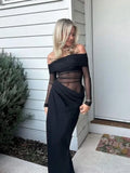 Vevesc  See Through Mesh Evening Dress For Women Aesthetic Clothes Hollow Out Vestido Feminino Off Shoulder One Piece Robe Femme Été