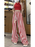 Vevesc Casual Retro Striped Print High Waist Wide Leg Pants Women's Fashion Loose Vintage Soft Full Length Trousers Summer