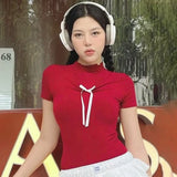 Vevesc Red T Shirt Coquette Y2K Cloths For Women Summer Cutecore Bow Short Sleeve Skinny High Collar Tops Korean Fashion