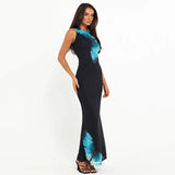 Vevesc Backless Lace Up Butterful Print Maxi Dress For Women O Neck Sleeveless Tank Dresses Femme Fashion Bodycon Sexy Long