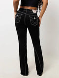Vevesc New Pattern Embroidered Skinny Jeans for Women Sexy Knit Fashion Jeans Washed Hemp Rope Floor-length High Street Casual Jeans