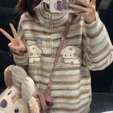 Vevesc Harajuku Kawaii Striped Sweaters Mujer Spring Stand Collar Dog Print Cardigans Y2k Grunge Long Sleeve Zipper Knitted Tops