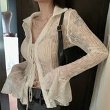 Vevesc Sexy Transparent Blouse Women Lace Korean Fashion Harajuku Long Sleeve See Through Black Goth Slim Shirts Y2k Aesthetic