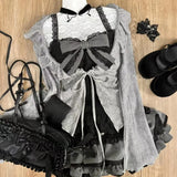 Vevesc Sweet Lolita Lace Up Ruffles Cardigan Sexy Slim Fit Temperament Vest Tops Sweet Tiered Ruched Skirts  Autumn Three Piece Sets