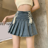 Vevesc Denim Pleated Skirt Korean Fashion Women Bandage High Waist A-line Cute Sexy Cargo Jean Mini Skirt Summer Y2k Girl