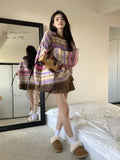 Vevesc Vintage Rainbow Striped Sweater Women Y2K Korean Style Oversize Pullover Knitted Tops Jerseys Egirl Kpop Casual Jumper