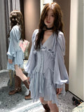 Vevesc Sweet Blue Mesh Slim Waist Cummerbund+ Y2k Grunge V-neck Long Sleeve A-line Dress for Women Spring New Two Piece Sets