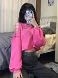Vevesc Y2K Korean Style Oversized Hoodies Women Harajuku Sexy Hollow Out Sweatshirts Casual Loose Pink Crop Tops Hip Hop Goth