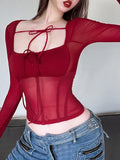 Vevesc Red Sexy Perspective Bright High Street Confident Mature Beautiful Women's Winter Basic Fishbone Short Top Thin Shirt