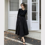 Vevesc Vintage Black Knitted Long Sleeve Midi Dress Women Hepburn Style Hollow Out O Neck Office Lady Slim Casual A Line Dress New