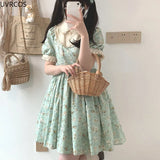 Vevesc Summer Green Kawaii Mini Dress Women Sweet Ruffles Peter Pan Collar Lolita Dresses Female Flower Print Princess Cute Dress