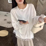 Vevesc New Korean Lazy O Neck Long Sleeve All Match T Shirts Fairy Patchwork Lace Moda American Y2k Aesthetic Clothes Solid Girl Tops