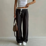 Vevesc  Simple Fake Two Loose Wide Leg Pants Spring and Summer Women Fashion High Waist Lace Up Design Interview Office Casual Pants