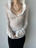 Vevesc Solid See Through Sexy Hooded Tops Vintage Bottoming Harajuku T-shirt Women Y2k Aesthetic Single Breasted Grunge Tees Streetwear