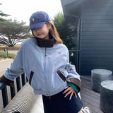 Vevesc Y2k Winter Jacket Womens Blue Solid Color Spliced Cotton Clothes Autumn and Winter New Loose Simple Cotton Clothing Tops