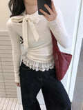 Vevesc White Bow Lace Up Sweater for Women Autumn Winter New Bottoming Knitted Pullover Thin Long Sleeve Slim Fit Tops Mujer