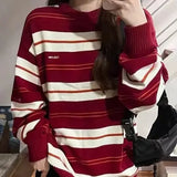 Vevesc Japanese Vintage Red White Striped Sweater Knitted Sueter Mujer Women Tops Y2k Pullovers O Neck Long Sleeve Casual Street