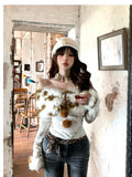 Vevesc Vintage Fur Patchwork Off Shoulder Tops Mujer Autum New All-match T-shirt for Women Y2k Slim Fit Long Sleeve Tee Shirt