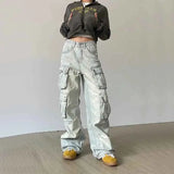 Vevesc Y2K Blue Cargo Jeans Women Vintage Streetwear Oversize Pockets Wide Leg Denim Pants Bf Loose Hip Hop Casual Straight Trousers