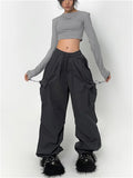 Vevesc Cyber Y2K Red Parachute Pants Women Kpop Streetwear Gray Cargo Trousers Oversized Egirl Punk Black Wide Leg Pantalones