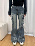 Vevesc Y2K Flare Low Rise Jeans Pants For Woman Cargo Baggy Trousers Aesthetic Streetwear Pockets Hippie Denim Bell Bottom CasualOutfit