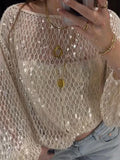 Vevesc  Sequins Hollow Out Pullovers Women Casual Loose Round Neck Full Sleeve Female Crop Tops Spring Summer See Through Lady Outerwear