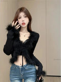 Vevesc Autumn Winter Fluffy Y2k Aesthetic Sweaters Fashion Slim Vintage Streetwear Cardigans Japanese Harajuku Elegant Crop Top Women