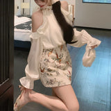 Vevesc 2024 Summer New Korean Beading Hollow Sexy Strapless Loose Satin Long-sleeved Shirt Women + Sexy A-line Skirt Two-piece Suit