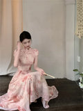 Vevesc  Chinese Style Light Pink Cheongsam Dress Women Elegant Floral Print Party Dress Summer Short Sleeve Stand Collar A Line Chipao
