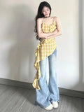 Vevesc Streetwear Irregular Ruffled Women Backless Camisole Harajuku Vintage Plaid Tanks Summer Grunge Sexy Y2k Aesthetic Tops