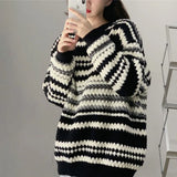 Vevesc Autumn Oversized Striped Knitted Sweater Women Vintage Streetwear Loose Long Sleeve Pullover Harajuku Casual O Neck Midi Jumper