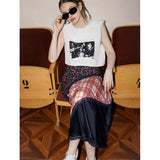 Vevesc Y2K Flower Print Midi Skirts Women Vintage Plaid Patchwork A Line Skirt Streetwear Harajuku High Waist Floral Casual Skirts New